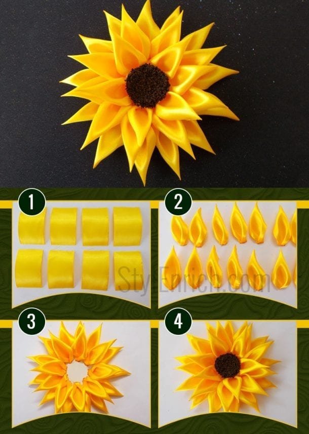 How To Make Satin Ribbon Sunflower Accessories For Girls Craftenrich 1649